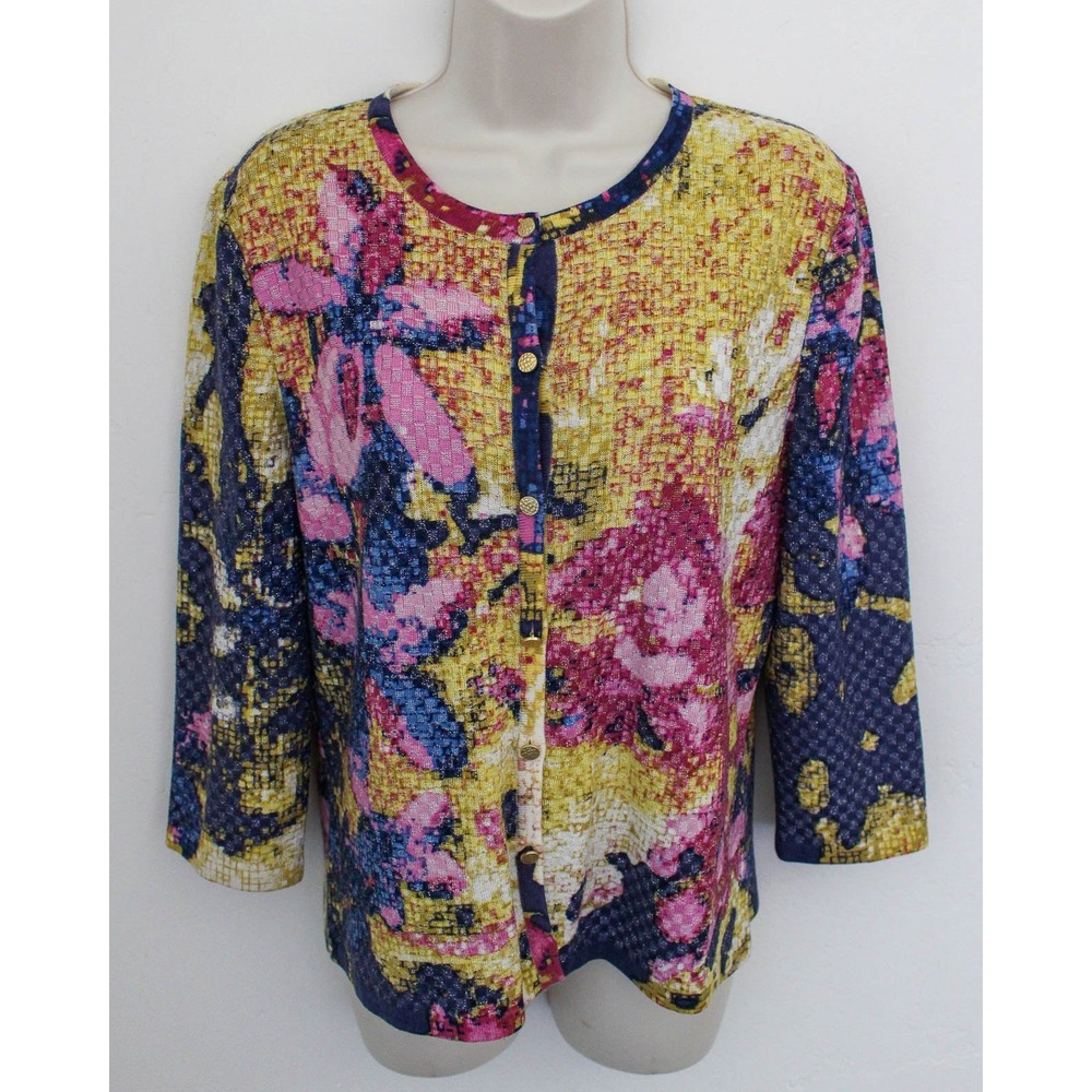 St John Knit Cardigan Small Multicolor Floral Metallic Button Up Sweater Light